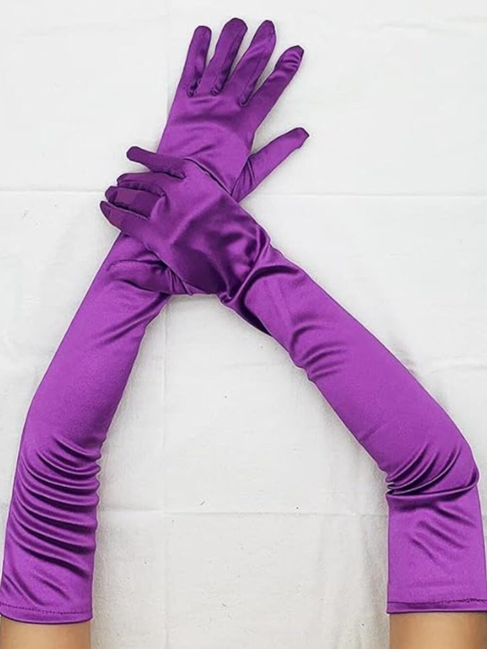 Women's Purple 1920s Elbow Length Stretchy Satin Long Opera Gloves - Picture 2 of 3